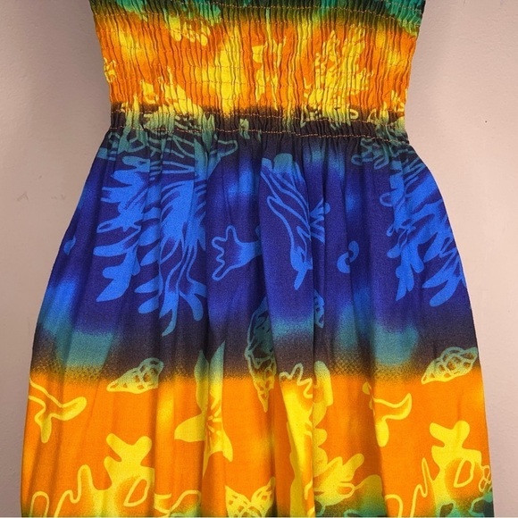 SMALL TROPICAL DRESS SLEEVELESS STRETCH COLORFUL BLUE ORANGE BEACH VACATION - Picture 9 of 13